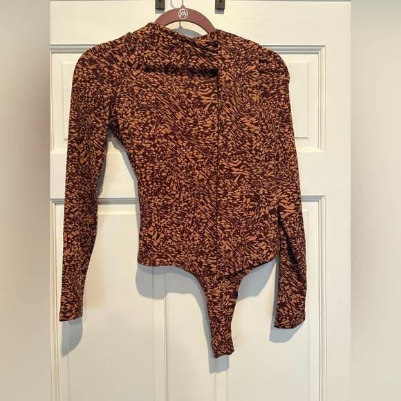 Astr Tops - ASTR The Label Brown Printed Bodysuit with Unique Neckline and Built in Scarf